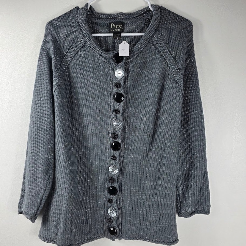 Pure Handknit Vintage Gray Cotton Blend Cardigan Jewel Button Embellished L/XL